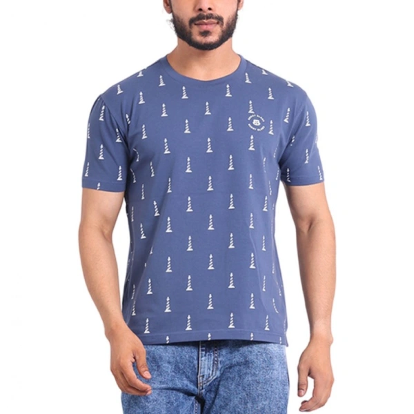Men's Casual Cotton Printed Round Neck Half Sleeve T-Shirt (Blue) - L