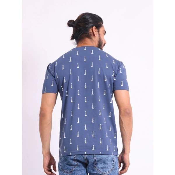 Men's Casual Cotton Printed Round Neck Half Sleeve T-Shirt (Blue) - L