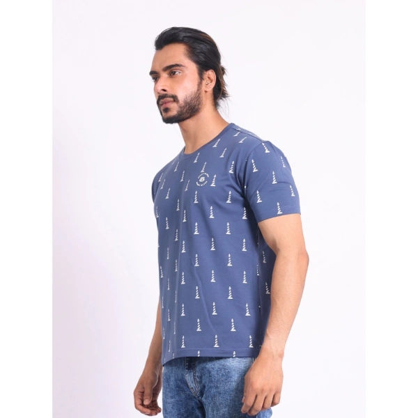 Men's Casual Cotton Printed Round Neck Half Sleeve T-Shirt (Blue) - L
