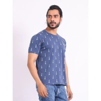 Men's Casual Cotton Printed Round Neck Half Sleeve T-Shirt (Blue) - L