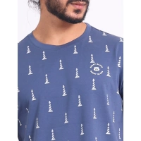 Men's Casual Cotton Printed Round Neck Half Sleeve T-Shirt (Blue) - L