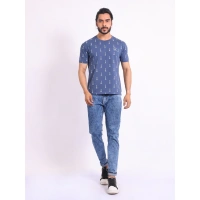 Men's Casual Cotton Printed Round Neck Half Sleeve T-Shirt (Blue) - L