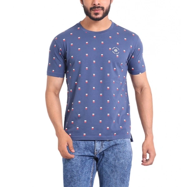 Men's Casual Cotton Printed Round Neck Half Sleeve T-Shirt (Blue) - XL