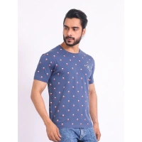 Men's Casual Cotton Printed Round Neck Half Sleeve T-Shirt (Blue) - XL
