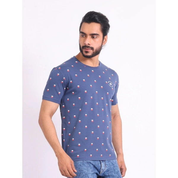 Men's Casual Cotton Printed Round Neck Half Sleeve T-Shirt (Blue) - XL