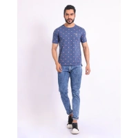 Men's Casual Cotton Printed Round Neck Half Sleeve T-Shirt (Blue) - XL