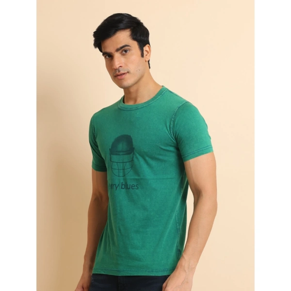 Men's Casual Cotton Printed Round Neck Half Sleeve T-Shirt (Green) - L
