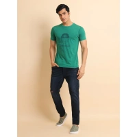 Men's Casual Cotton Printed Round Neck Half Sleeve T-Shirt (Green) - L