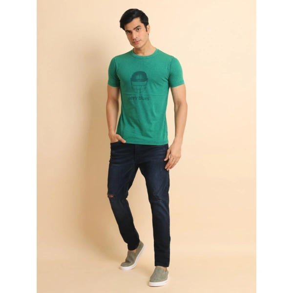 Men's Casual Cotton Printed Round Neck Half Sleeve T-Shirt (Green) - L