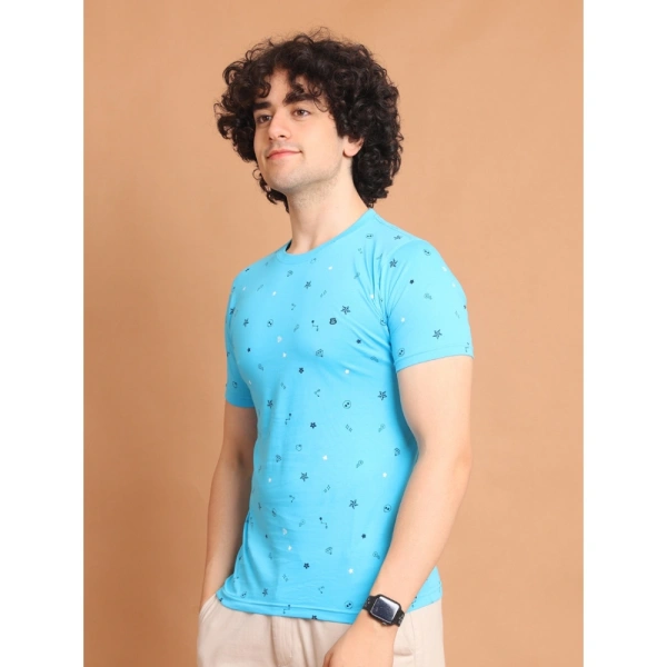 Men's Casual Cotton Printed Round Neck Half Sleeve T-Shirt (Skyblue) - M