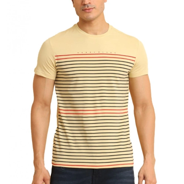Men's Casual Cotton Printed Round Neck Half Sleeve T-Shirt (Beige) - 2XL