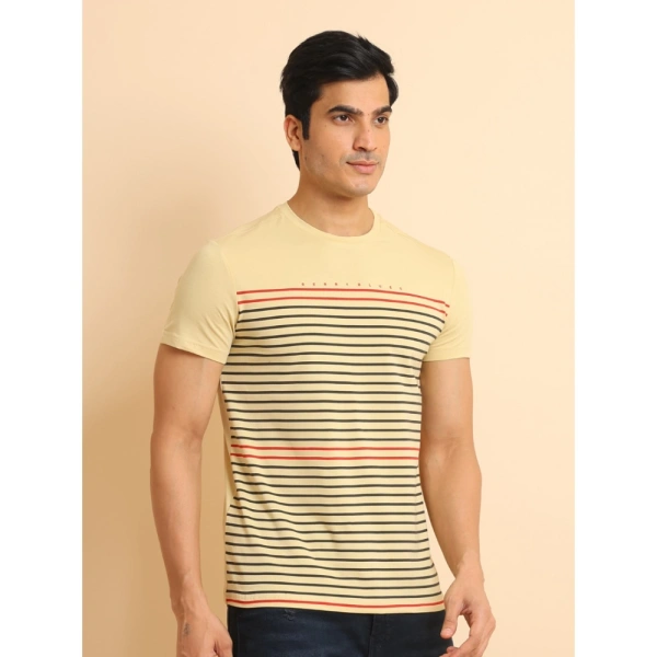 Men's Casual Cotton Printed Round Neck Half Sleeve T-Shirt (Beige) - 2XL