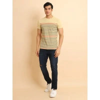 Men's Casual Cotton Printed Round Neck Half Sleeve T-Shirt (Beige) - 2XL