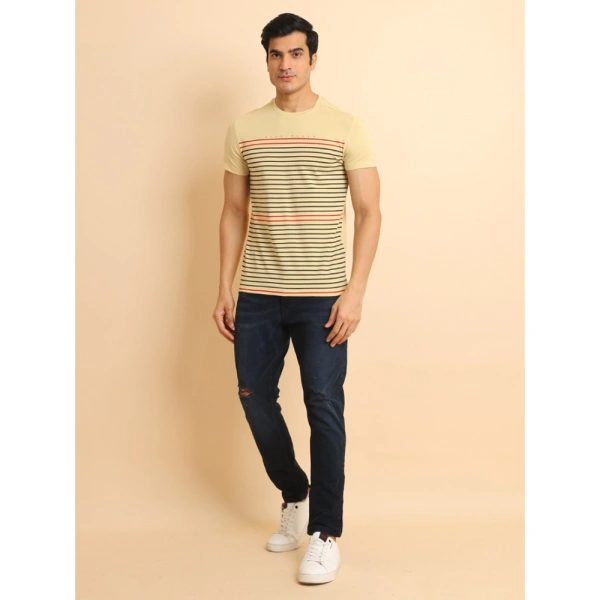 Men's Casual Cotton Printed Round Neck Half Sleeve T-Shirt (Beige) - 2XL