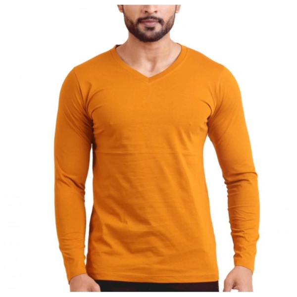 Men's Casual Cotton Solid V Neck Full Sleeve T-Shirt (Mustard) - S