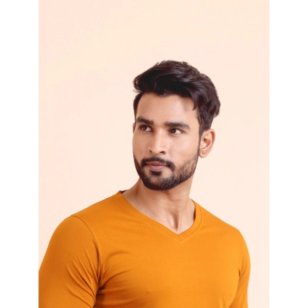 Men's Casual Cotton Solid V Neck Full Sleeve T-Shirt (Mustard) - S