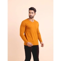 Men's Casual Cotton Solid V Neck Full Sleeve T-Shirt (Mustard) - S