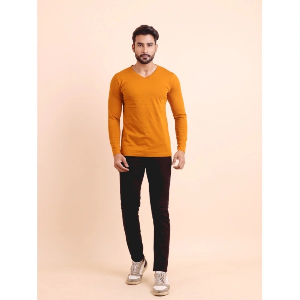 Men's Casual Cotton Solid V Neck Full Sleeve T-Shirt (Mustard) - S