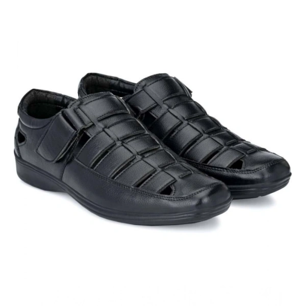 Men's Casual Faux Leather Solid Velcro Sandal (Black) - 6