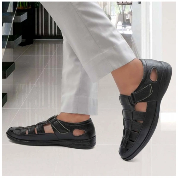 Men's Casual Faux Leather Solid Velcro Sandal (Black) - 6