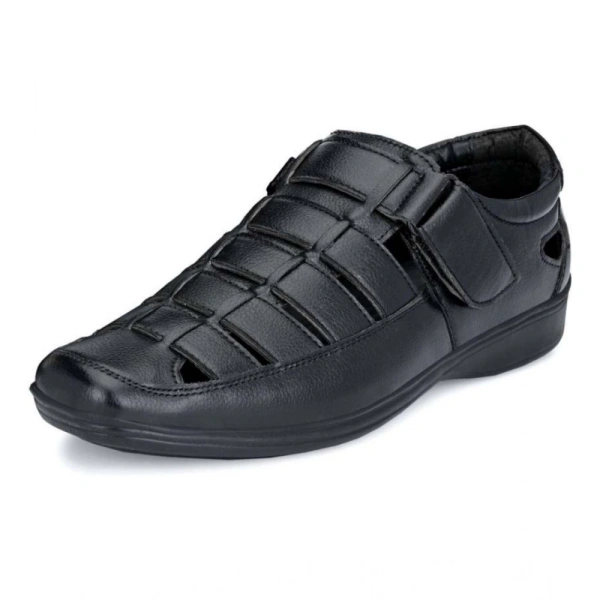 Men's Casual Faux Leather Solid Velcro Sandal (Black) - 6