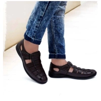Men's Casual Faux Leather Solid Velcro Sandal (Brown) - 9