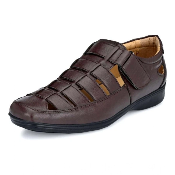 Men's Casual Faux Leather Solid Velcro Sandal (Brown) - 9