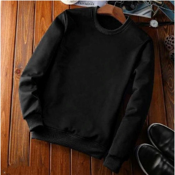 Men's Casual Fleece Solid Round Neck Long Sleeves Sweatshirt (Black) - 2XL