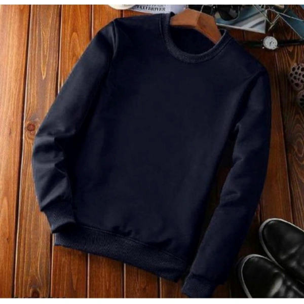 Men's Casual Fleece Solid Round Neck Long Sleeves Sweatshirt (Navy Blue) - 2XL