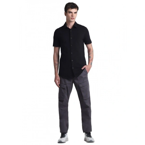Men's Cotton Blend Solid Half-Sleeve Regular Shirt (Black) - M