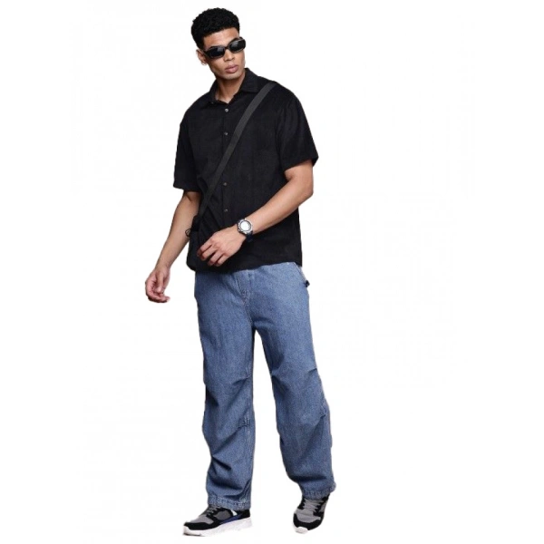 Men's Cotton Blend Solid Half-Sleeve Regular Shirt (Black) - M