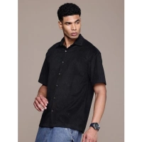 Men's Cotton Blend Solid Half-Sleeve Regular Shirt (Black) - M