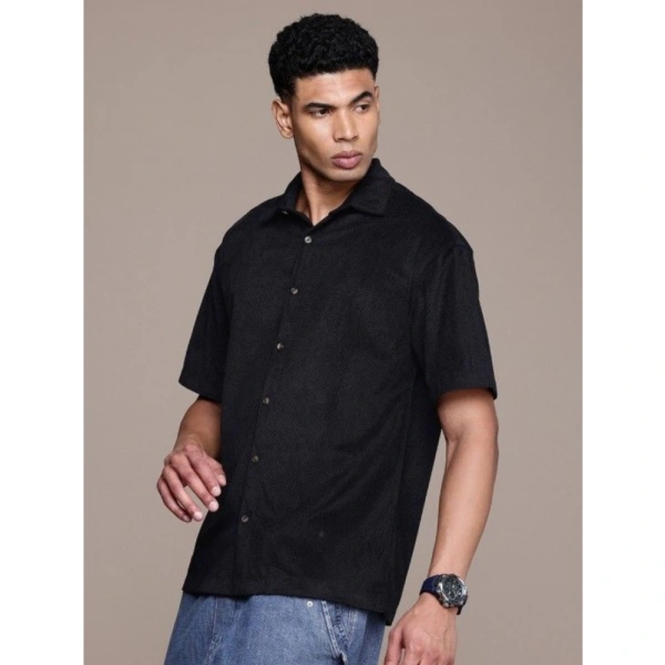 Men's Cotton Blend Solid Half-Sleeve Regular Shirt (Black) - M