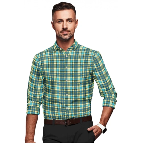 Men's Cotton Blended Checked Full Sleeve Shirt (Green-Yellow) - M