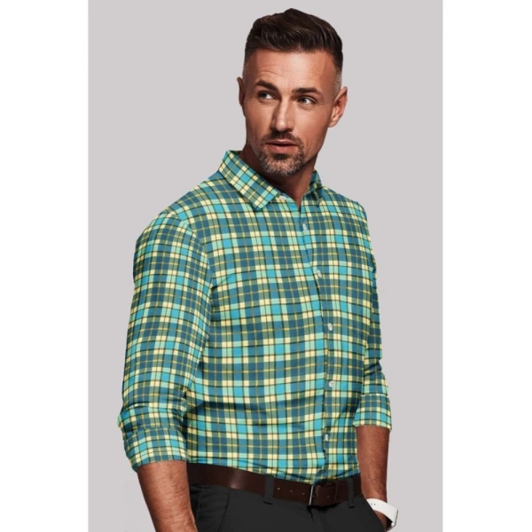 Men's Cotton Blended Checked Full Sleeve Shirt (Green-Yellow) - M