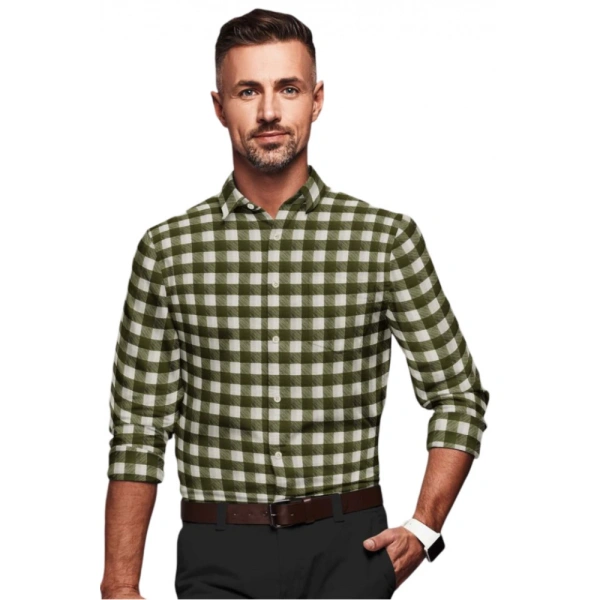 Men's Cotton Blended Checked Full Sleeve Shirt (White-Green) - XL