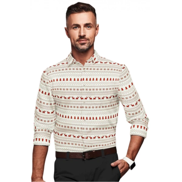 Men's Cotton Blended Printed Full Sleeve Shirt (White-Red) - M