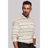 Men's Cotton Blended Printed Full Sleeve Shirt (White-Red) - M