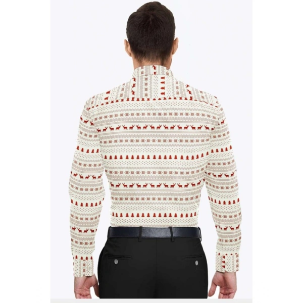 Men's Cotton Blended Printed Full Sleeve Shirt (White-Red) - M