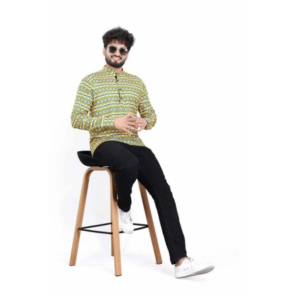 Men's Cotton Blended Printed Full Sleeve Shortkurta (Multicolor) - L