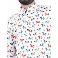 Men's Cotton Blended Printed Full Sleeve Shortkurta (Multicolor) - M