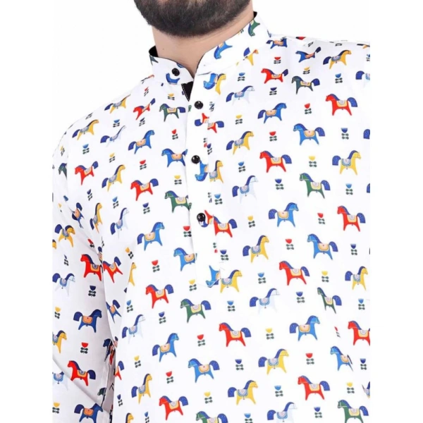 Men's Cotton Blended Printed Full Sleeve Shortkurta (Multicolor) - M
