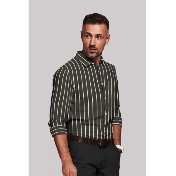 Men's Cotton Blended Striped Full Sleeve Shirt (Black-White) - L