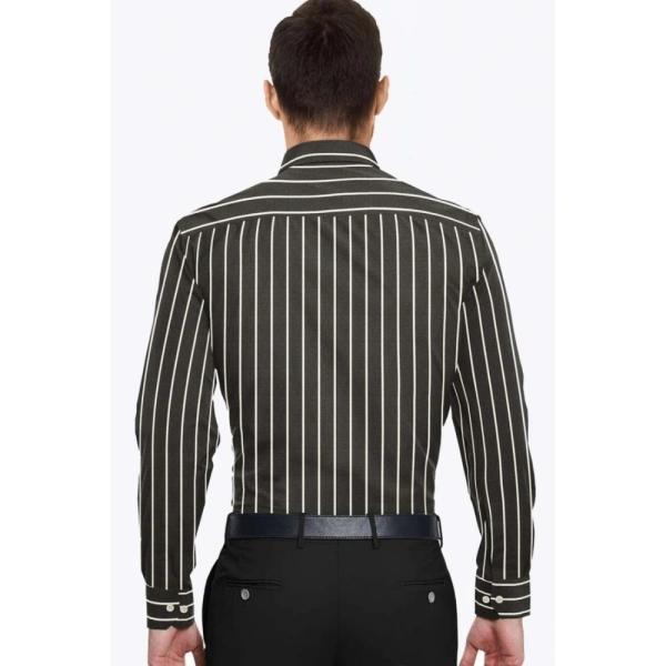 Men's Cotton Blended Striped Full Sleeve Shirt (Black-White) - L