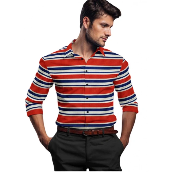 Men's Cotton Blended Striped Full Sleeve Shirt (Red-Blue) - L