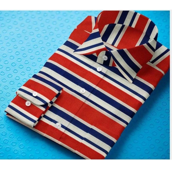 Men's Cotton Blended Striped Full Sleeve Shirt (Red-Blue) - L