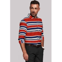 Men's Cotton Blended Striped Full Sleeve Shirt (Red-Blue) - L