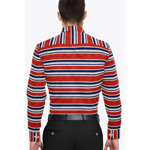 Men's Cotton Blended Striped Full Sleeve Shirt (Red-Blue) - L