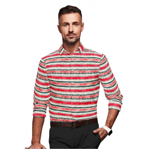 Men's Cotton Blended Striped Full Sleeve Shirt (Red-White) - L