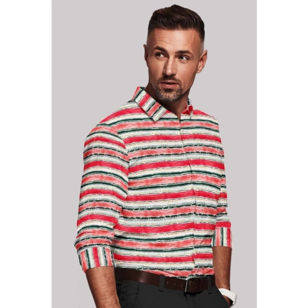 Men's Cotton Blended Striped Full Sleeve Shirt (Red-White) - L